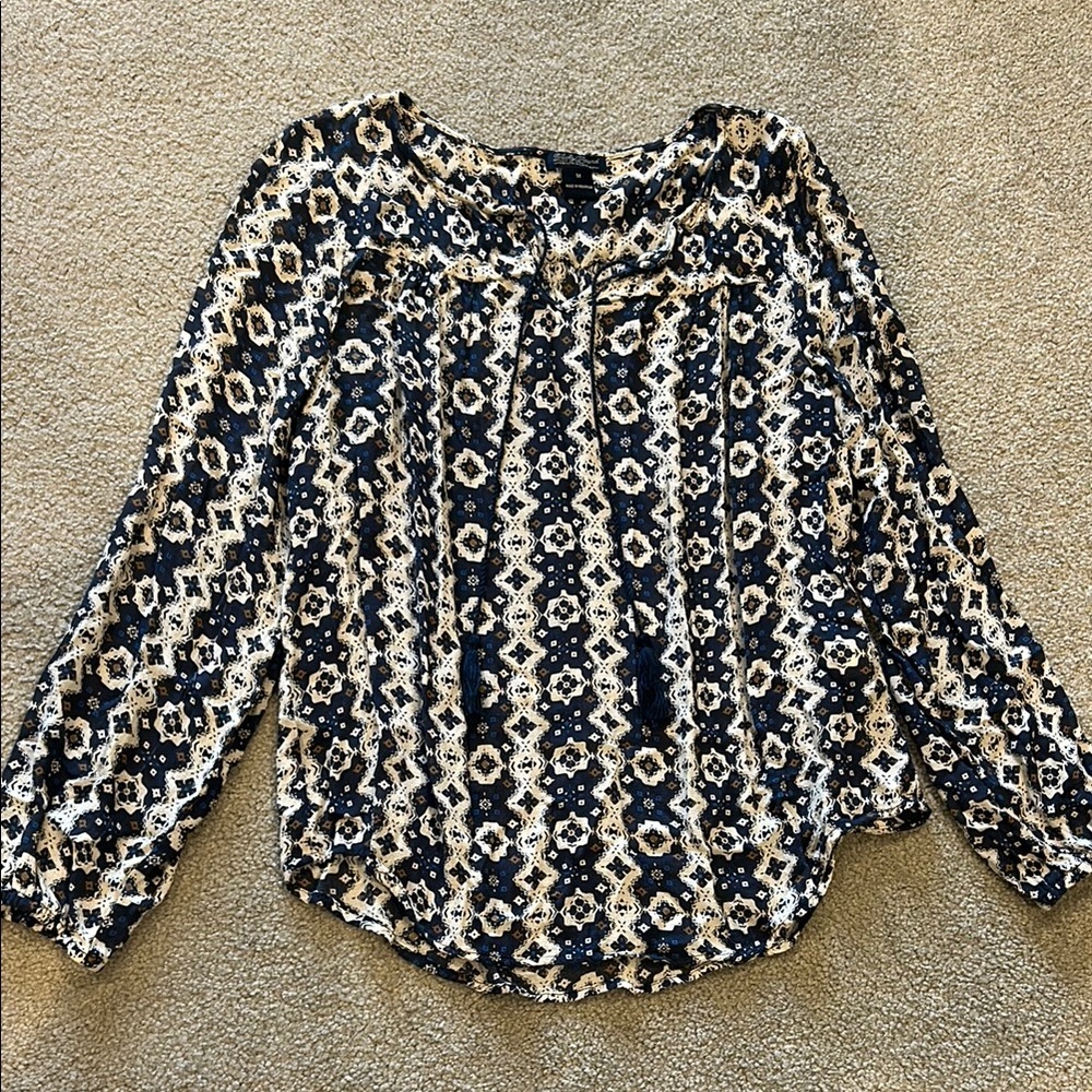 Lucky Brand Geometric Navy and Cream Blouse